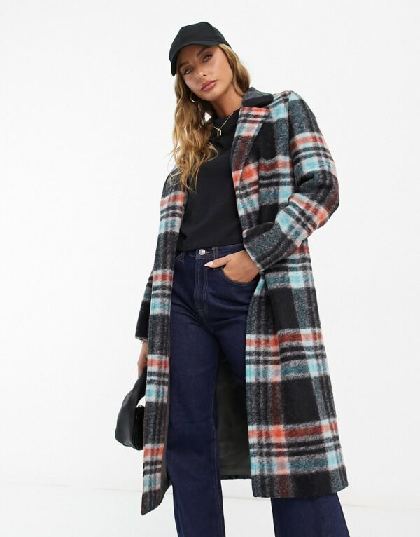 Helene Berman check print wool blend duster coat in multi