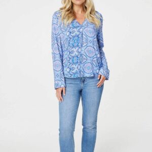 Izabel London Blue - Printed Long Sleeve Blouse Top, Size: 10