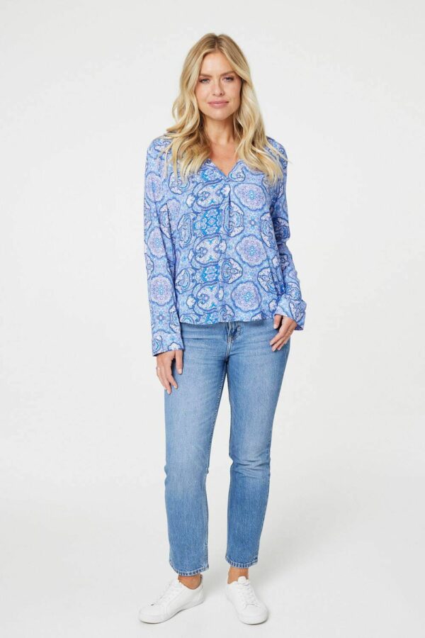 Izabel London Blue - Printed Long Sleeve Blouse Top, Size: 10