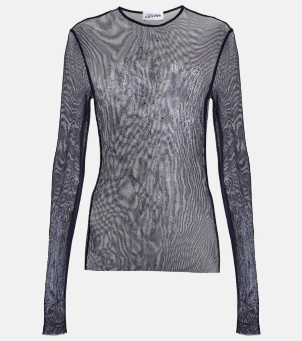 Jean Paul Gaultier Crystal-embellished printed mesh top