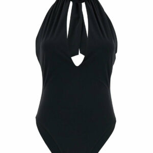 Black One-Piece Swimsuit With Rose Application In Polyamide Woman