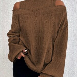 Lantern Sleeve Cold Shoulder Cable Textured Top