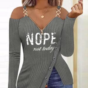 Letter Print Zip Detail Cold Shoulder Top