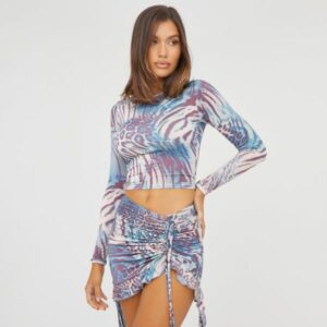 Long Sleeve Crop Top In Blue Printed Slinky, Women's Size UK 10