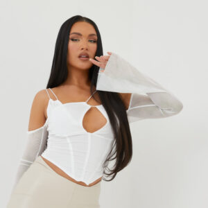 Long Sleeve Strappy Corset Top In White Mesh UK Extra Small S, White