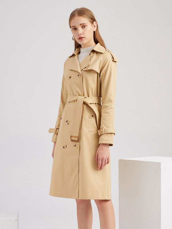 Long Trench Coat Khaki Turndown Collar Long Sleeves Lapel Classic Double Breasted Spring Fall Street Outwear For Women