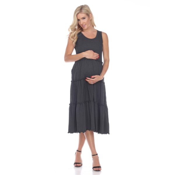 MTRPS315-04-3X Charcoal Maternity Plus Size Scoop Neck Teired Midi Dress 3X