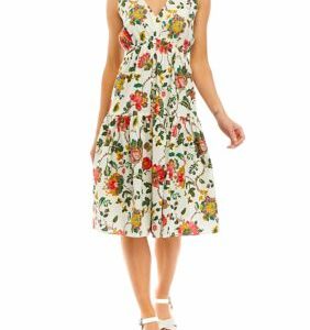 Maison Tara Women's Sleeveless V-Neck Cinched Waist Floral Printed Fit and Flare Dress, 6