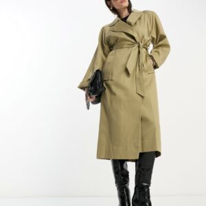 Mango exaggerated shoulder trench coat in beige-Neutral