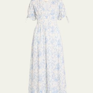 Mastey Floral Cotton Cinched-Waist Midi Dress