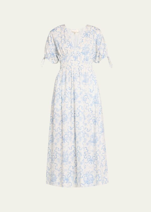 Mastey Floral Cotton Cinched-Waist Midi Dress