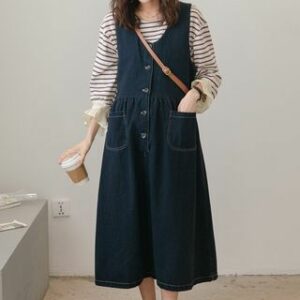 Maternity Denim Button Midi A-Line Overall Dress Dark Blue - One Size