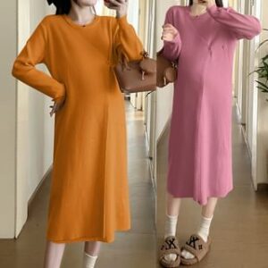 Maternity Long-Sleeve Crew Neck Plain Button Midi Knit Dress