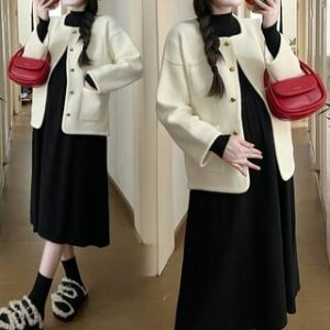 Maternity Long-Sleeve Mock Neck Plain Midi A-Line Knit Dress / Crew Neck Pleated Dress / Button Jacket