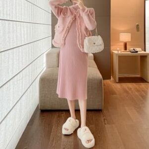 Maternity Long-Sleeve Mock Neck Plain Midi Knit Dress / Fringed Button Jacket / Set