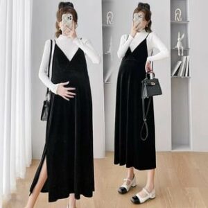 Maternity Long-Sleeve Plain Blouse / Mock Neck Knit Top / V-Neck Velvet Midi A-Line Dungaree Dress