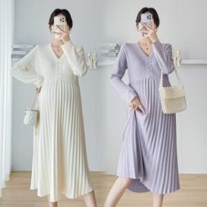 Maternity Long-Sleeve V-Neck Plain Ribbed Knit Midi Dress