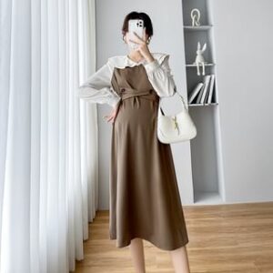 Maternity Mock Two-Piece Long-Sleeve Collar Two Tone Midi A-Line Dress