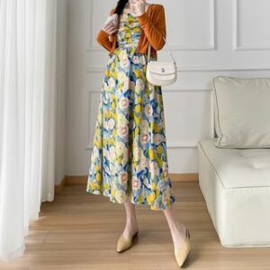 Maternity Open Front Plain Cardigan / Spaghetti Strap Floral Print Midi A-Line Dress