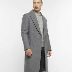 Mens River Island Grey Regular Fit Wool Blend Longline Coat