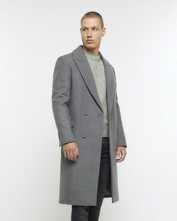 Mens River Island Grey Regular Fit Wool Blend Longline Coat