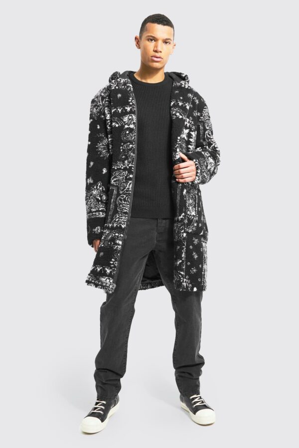 Men's Tall Borg Bandana Print Duffle Coat - Black - Xl, Black