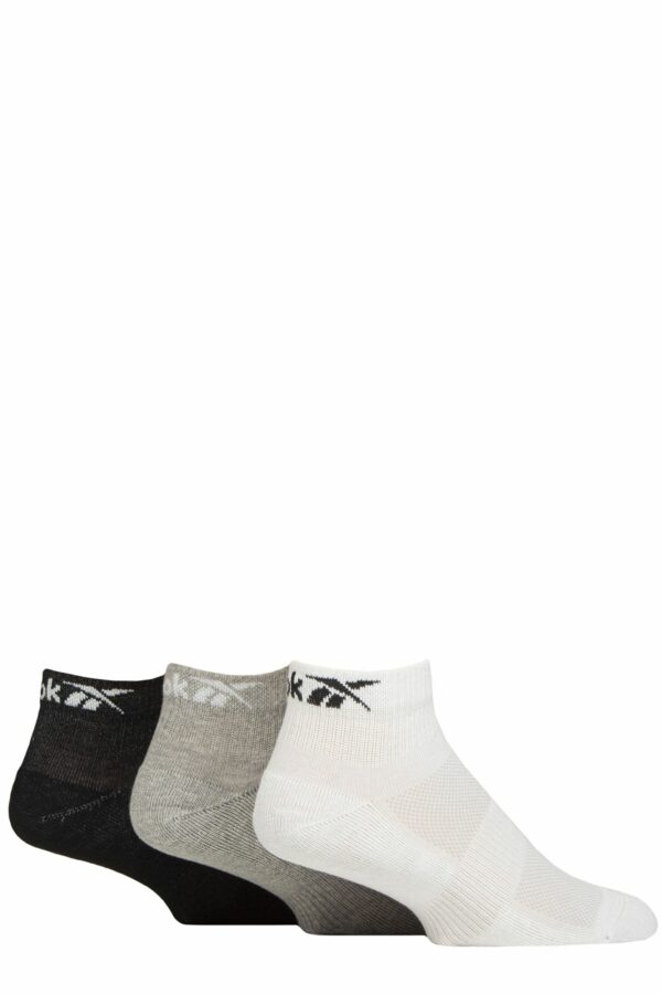 Mens and Ladies 3 Pair Reebok Essentials Cotton Ankle Socks with Arch Support and Mesh Top White / Grey / Black 2.5-3.5 UK