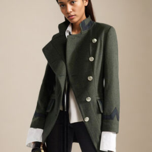 Military Wool Coat Women Asymmetrical Buttons Pockets Hunter Green Long Sleeve Winter Coat Cozy Active Outerwear