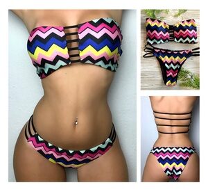 Women Summer Bandage Bikini Push-up Stripes Bra Swimsuit Bathing Suit Swimwear M Multi-color