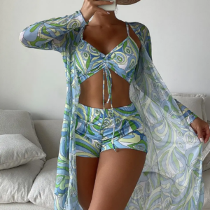 3 Pieces Sexy Print Bikini Women High Waist Swimsuit Cover Up Lady Swimwear