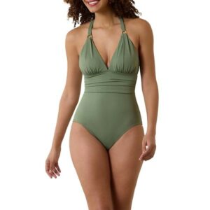 Women's Tommy Bahama Paradise Fronds V-Neck One Piece Swimsuit 12 Tea Leaf