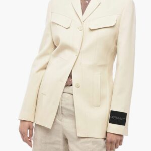 Off White Seasonal Wool Belted Blazer With Cinched Waist in Beige, Women's (Size XS)