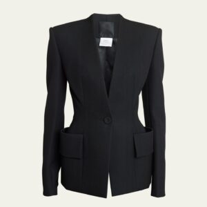 One-Button Cinched Waist Wool Blazer