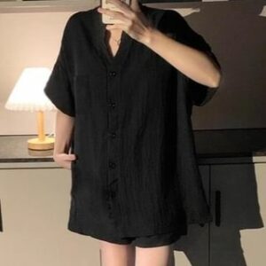 Pajama Set: Elbow-Sleeve Plain Shirt + Shorts