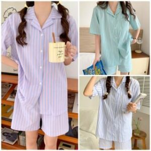 Pajama Set: Short-Sleeve Striped Top + Shorts