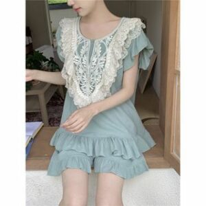 Pajama Set: Sleeveless Round Neck Embroidered Ruffle Top + Elastic Waist Shorts