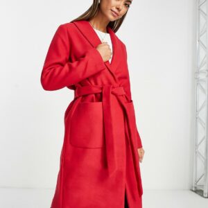 Pieces Alicia belted wool blend coat in red