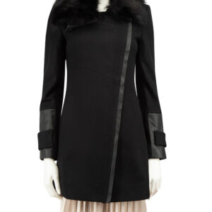 Pinko Black Wool Asymmetric Fur Collared Coat