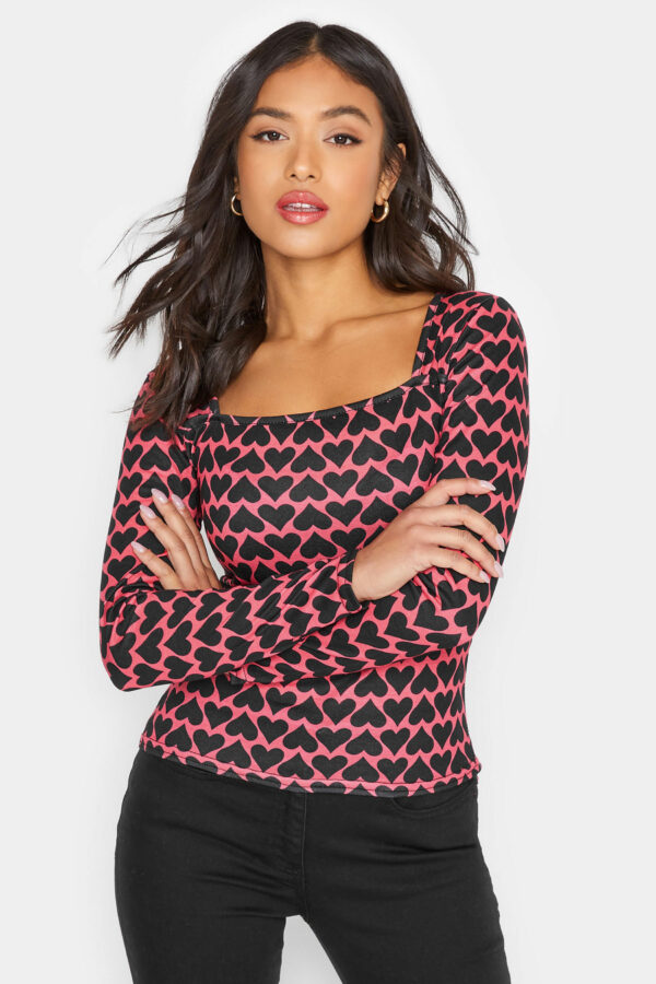 Pixiegirl Black & Pink Heart Print Square Neck Top 14 Pixiegirl | Petite Women's Printed Tops