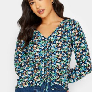 Pixiegirl Blue Floral Ruched Front Top 10 Pixiegirl | Petite Women's Printed Tops