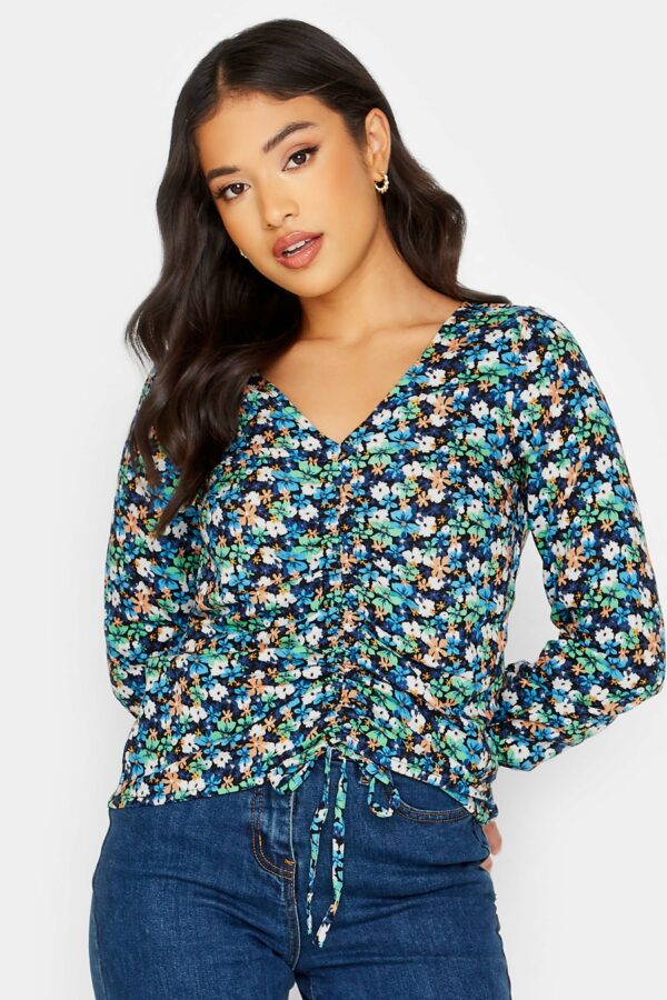 Pixiegirl Blue Floral Ruched Front Top 10 Pixiegirl | Petite Women's Printed Tops