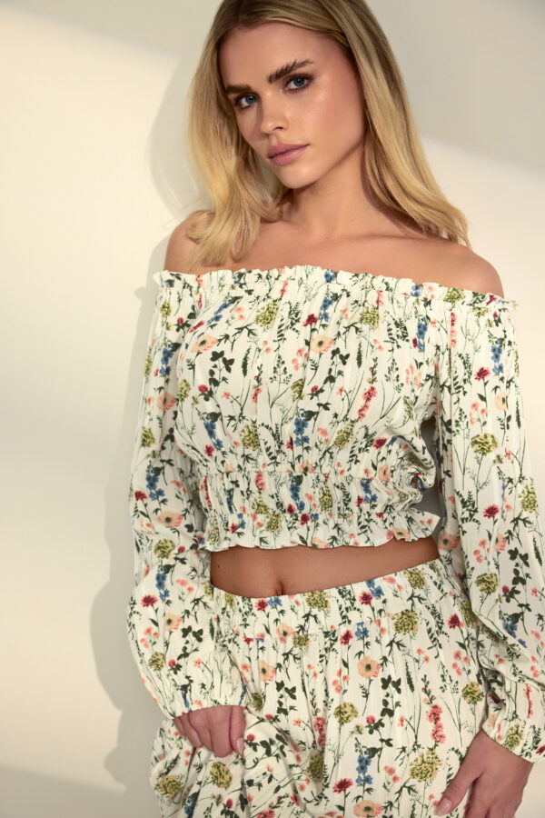 Pixiegirl Cream Floral Print Bardot Top 12 Pixiegirl | Petite Women's Long Sleeve Tops