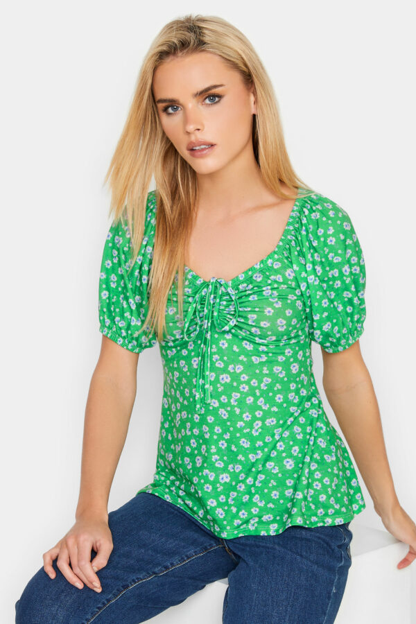 Pixiegirl Green Daisy Print Ruched Front Top 6 Pixiegirl | Petite Women's Printed Tops