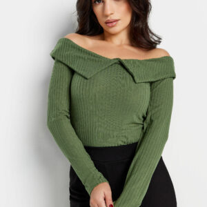 Pixiegirl Khaki Green Bardot Fold Over Ribbed Long Sleeve Top 10 Pixiegirl | Petite Women's Long Sleeve Tops