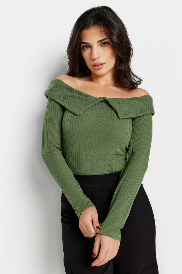 Pixiegirl Khaki Green Bardot Fold Over Ribbed Long Sleeve Top 10 Pixiegirl | Petite Women's Long Sleeve Tops