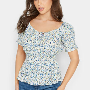 Pixiegirl White & Blue Floral Bardot Top 18 Pixiegirl | Petite Women's Printed Tops