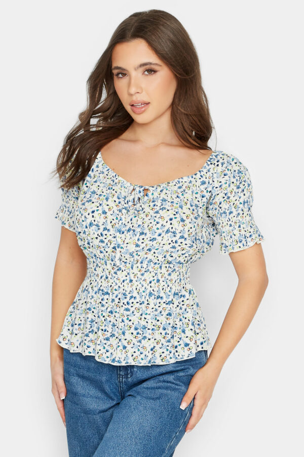 Pixiegirl White & Blue Floral Bardot Top 18 Pixiegirl | Petite Women's Printed Tops