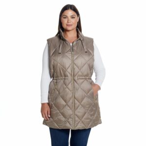 Plus Size Weathercast Diamond Quilted Puffer Longline Vest with Cinched Waist, Women's, Size: 1XL, Brown