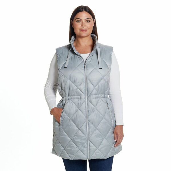 Plus Size Weathercast Diamond Quilted Puffer Longline Vest with Cinched Waist, Women's, Size: 1XL, Silver