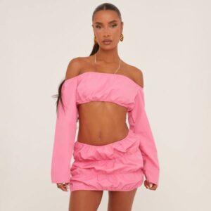 Poplin Bardot Crop Top And Mini Skirt Co-Ord Set In Bright Pink, Women's Size UK Small S